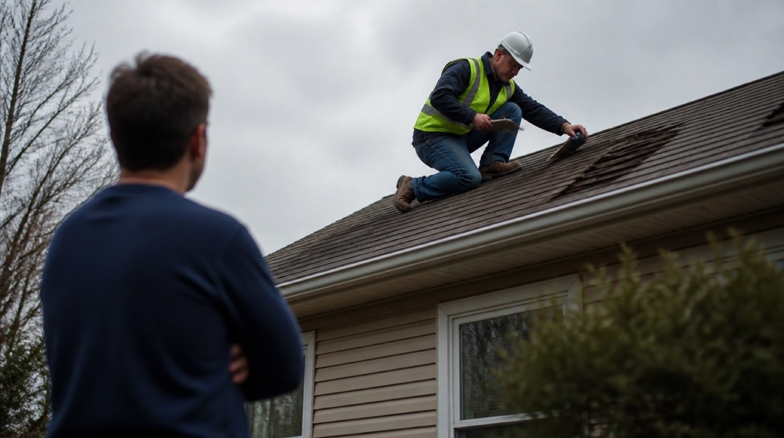An insurance adjuster kneels on a damaged roof with a clipboard while the homeowner watches from the lawn below.