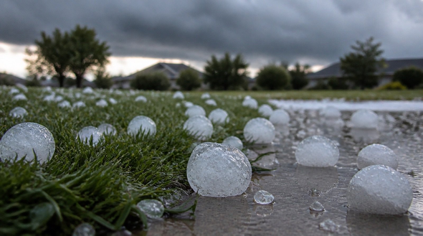 Golf-ball sized hailstones scattered across wet grass and a driveway after a storm.