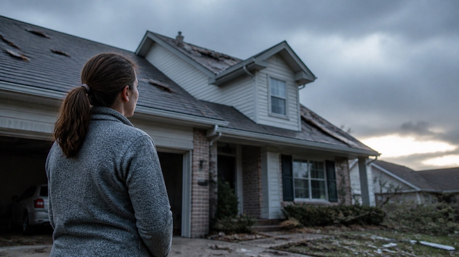 A homeowner stands in her driveway after a storm, looking up at missing and damaged shingles on her roof.