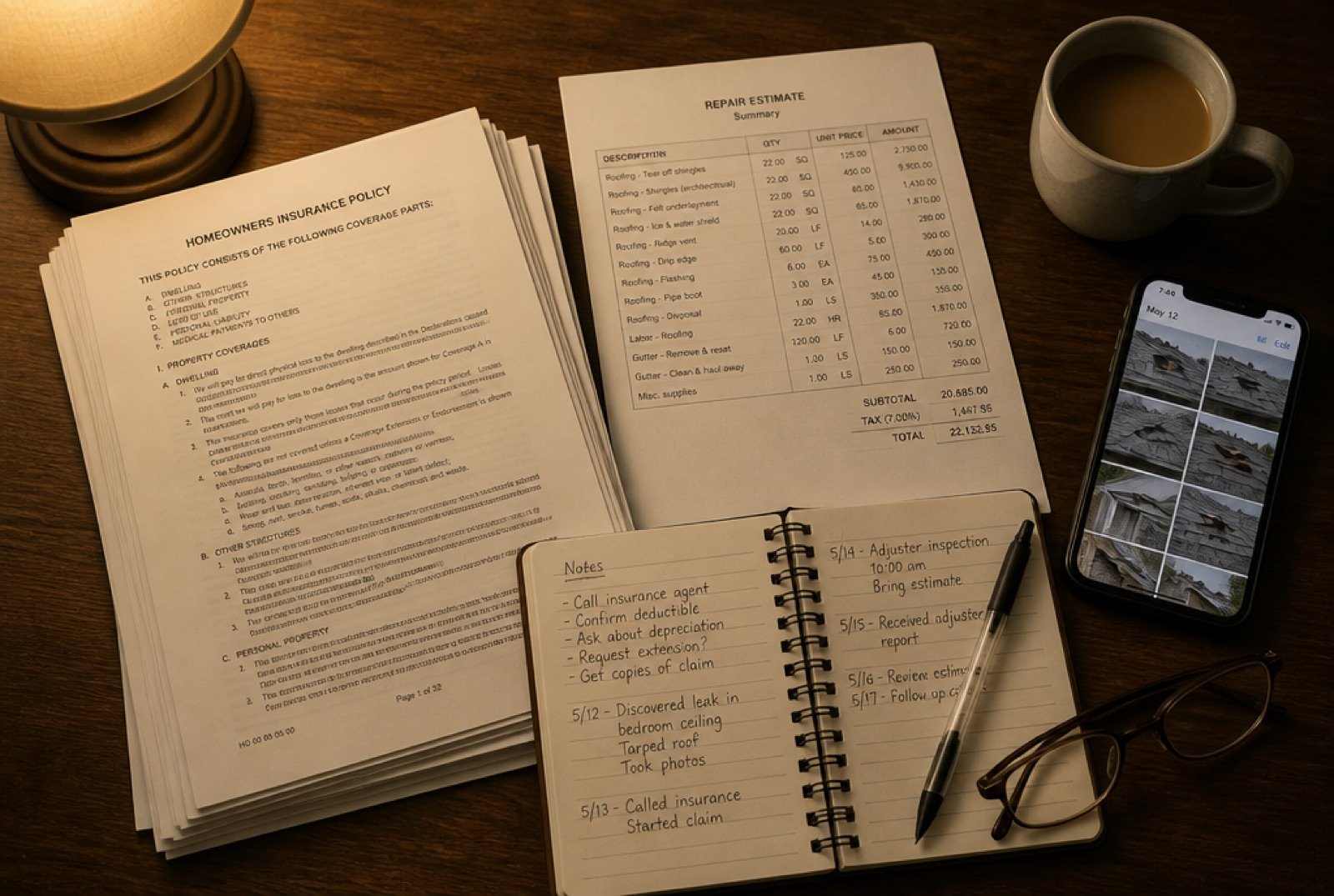 A kitchen table at night with an insurance policy, a line-item repair estimate, a handwritten claim diary and a phone showing photographs of roof damage.