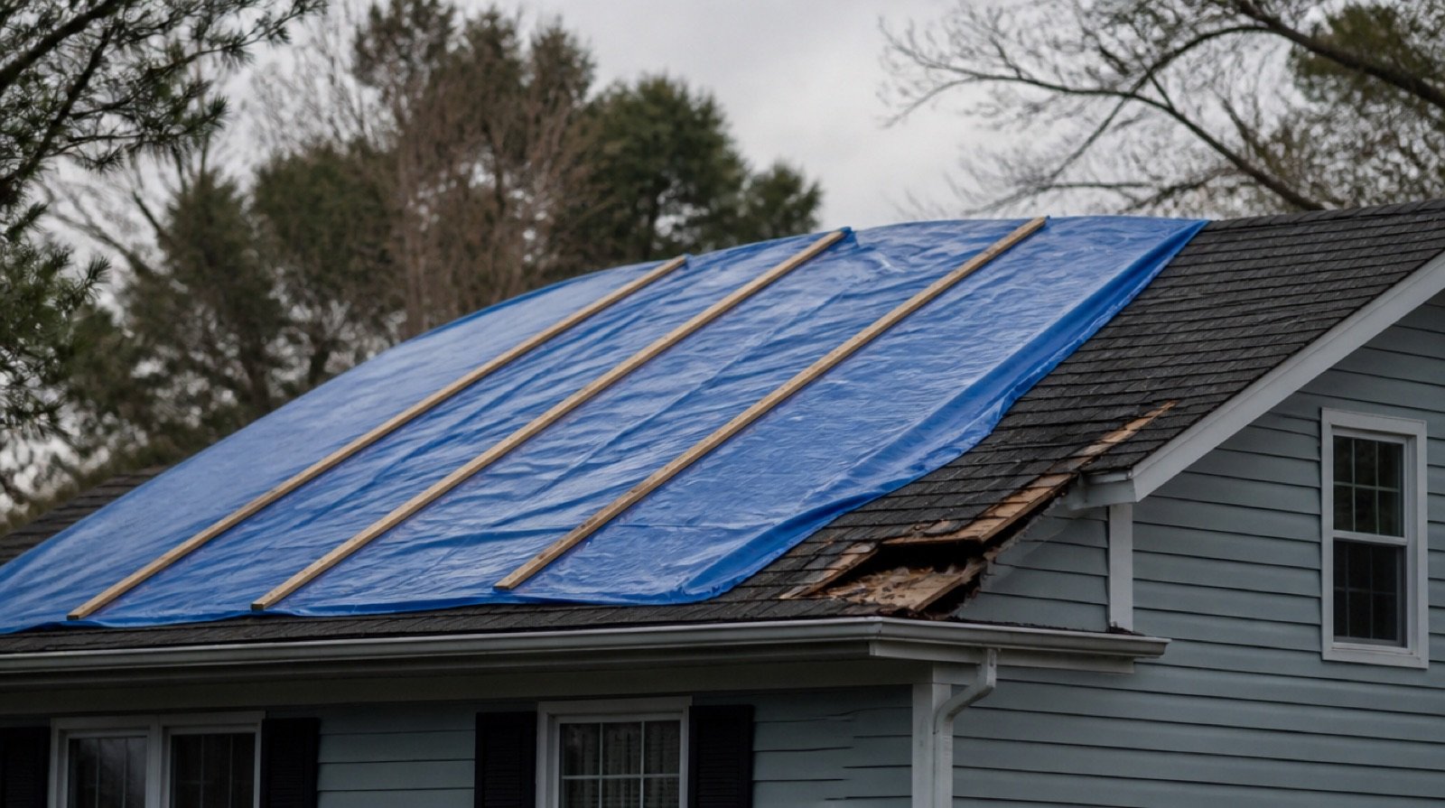 A suburban roof partly covered by a blue emergency tarp after storm damage, with torn shingles visible at the edge.